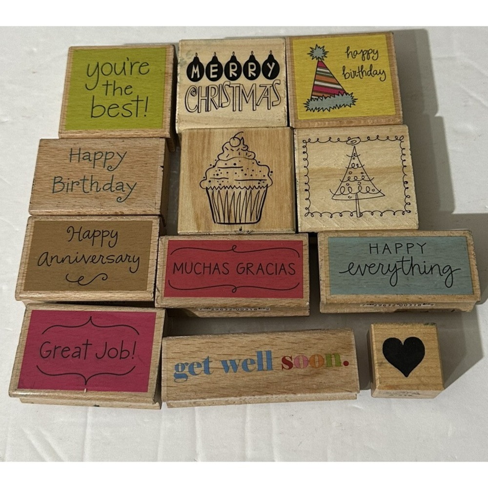 Lot of 12  Wood Mounted Rubber‎ Stamps + Alphabet Wood Stamps Used